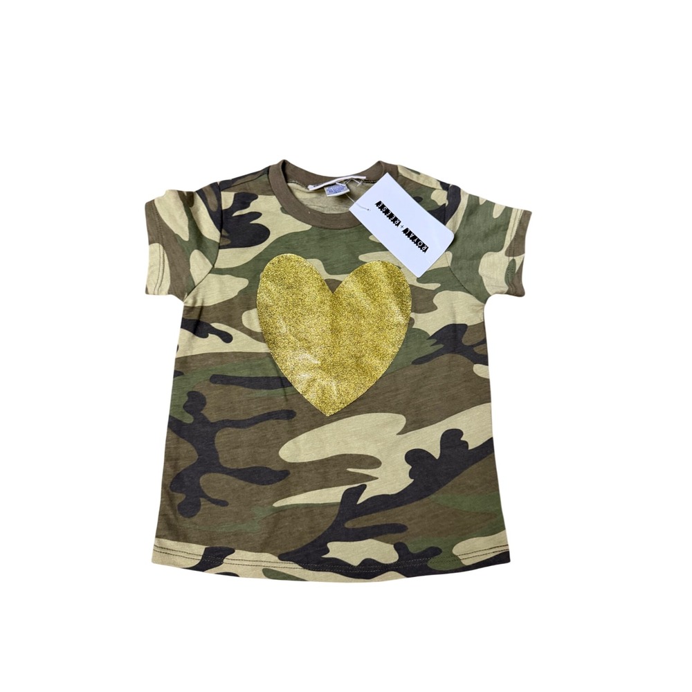 Royal + Reese Kids 12M Green Camo Gold Glitter Heart Short Sleeve T-Shirt NWT